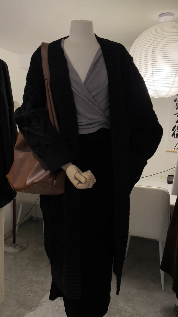 宽松慵懒风重工针织开衫毛衣外套女秋冬中长款显瘦百搭黑色麻花