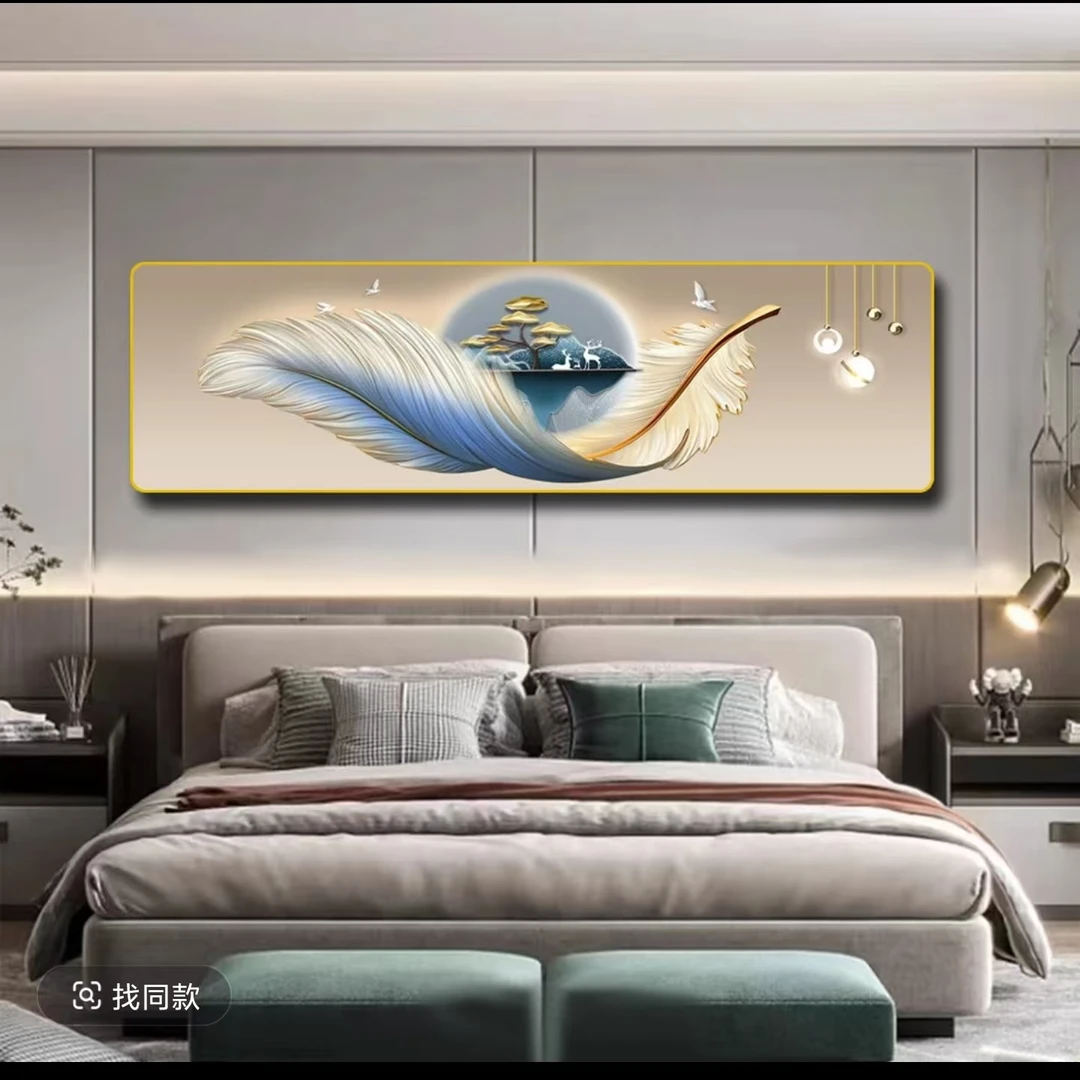 镶钻【蓝色羽毛】309卧室画装饰画大气横幅卧室背景墙装饰画捡漏