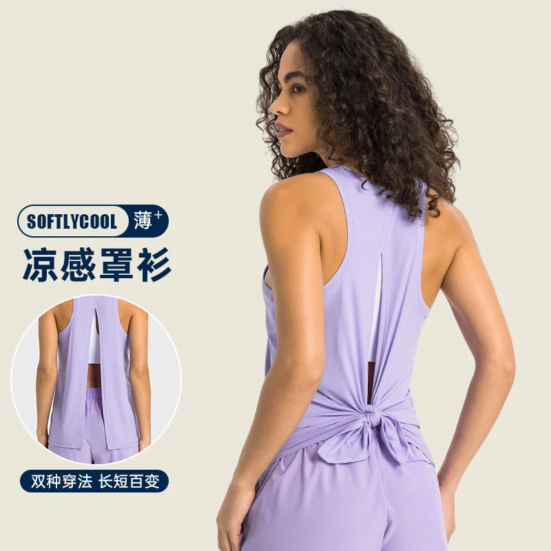 [卖了5000件！裸感亲肤蝴蝶结绑带运动背心]宽松透气跑步瑜伽罩衫