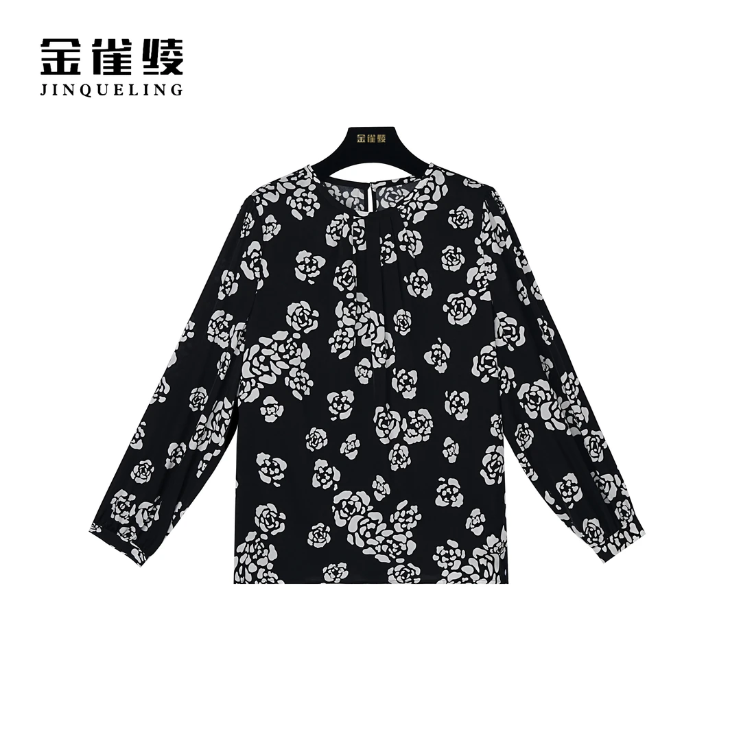 金雀绫【夜皇后】桑蚕丝休闲圆领满印长袖款衬衫SZ4S39