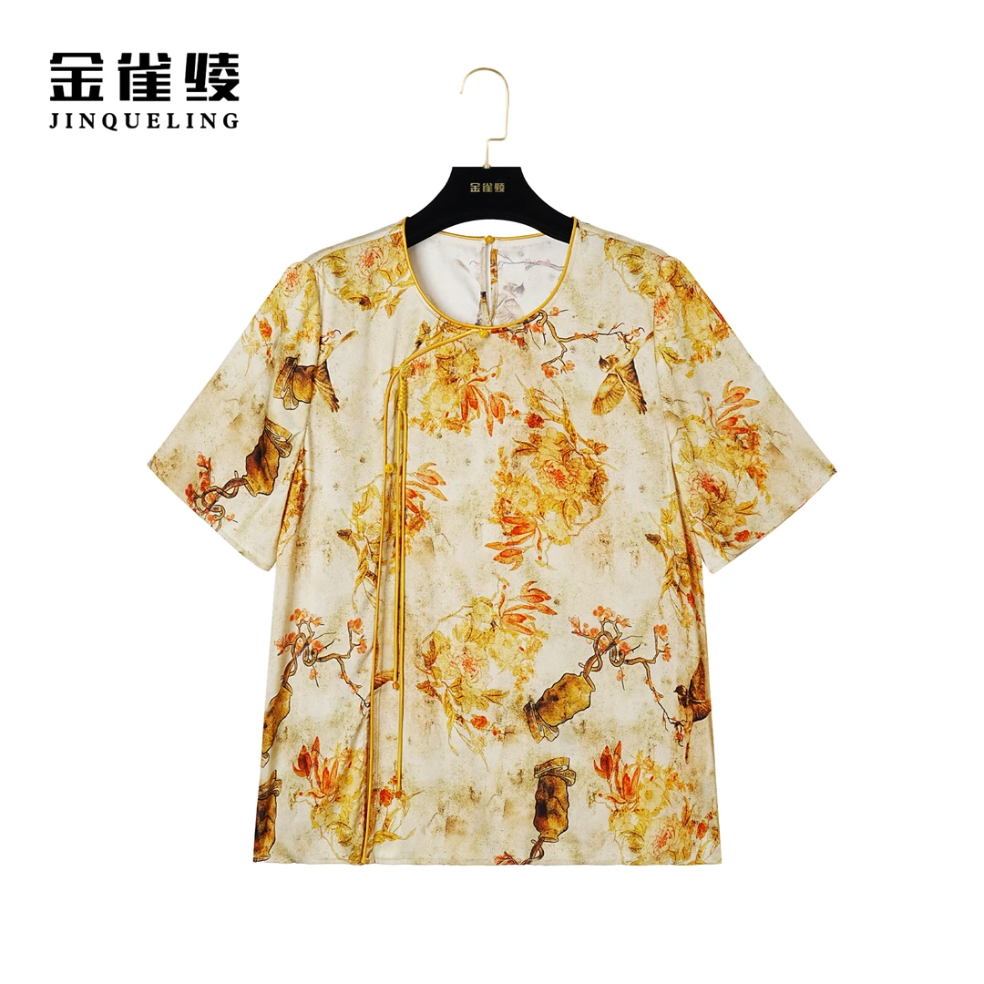 金雀绫【如梦令】桑蚕丝新中式圆领复古印花小衫AS6174