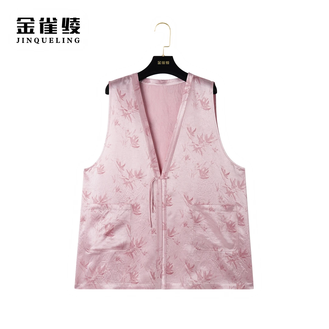 金雀绫【金粉玉竹】新款100醋酸复古休闲印花女士马夹AT6075