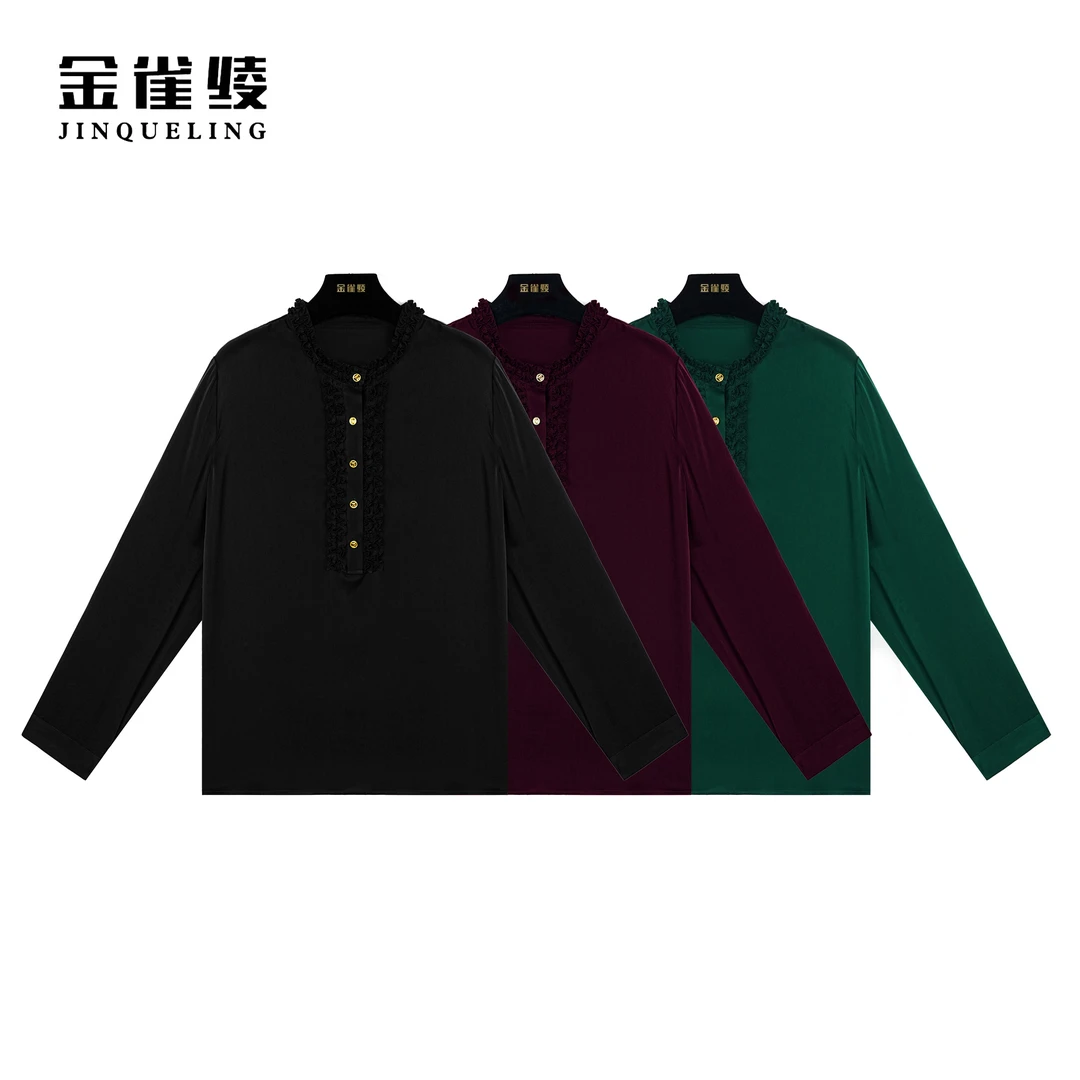 金雀绫【繁花】桑蚕丝立领法式设计感纯色时尚衬衫SZ4S18