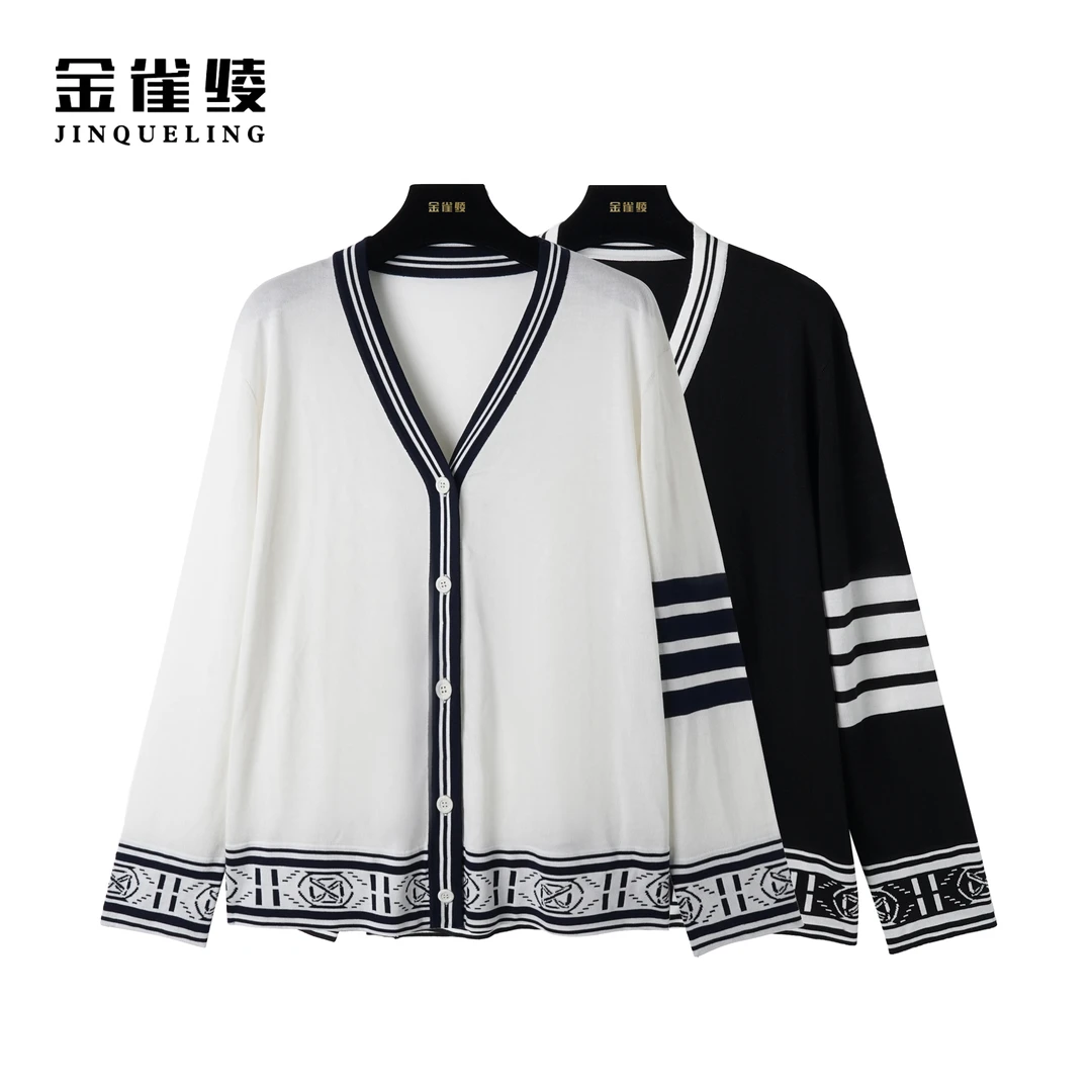 金雀绫【钢琴键】 春季气质百搭时尚设计师撞色长袖针织衫K0249