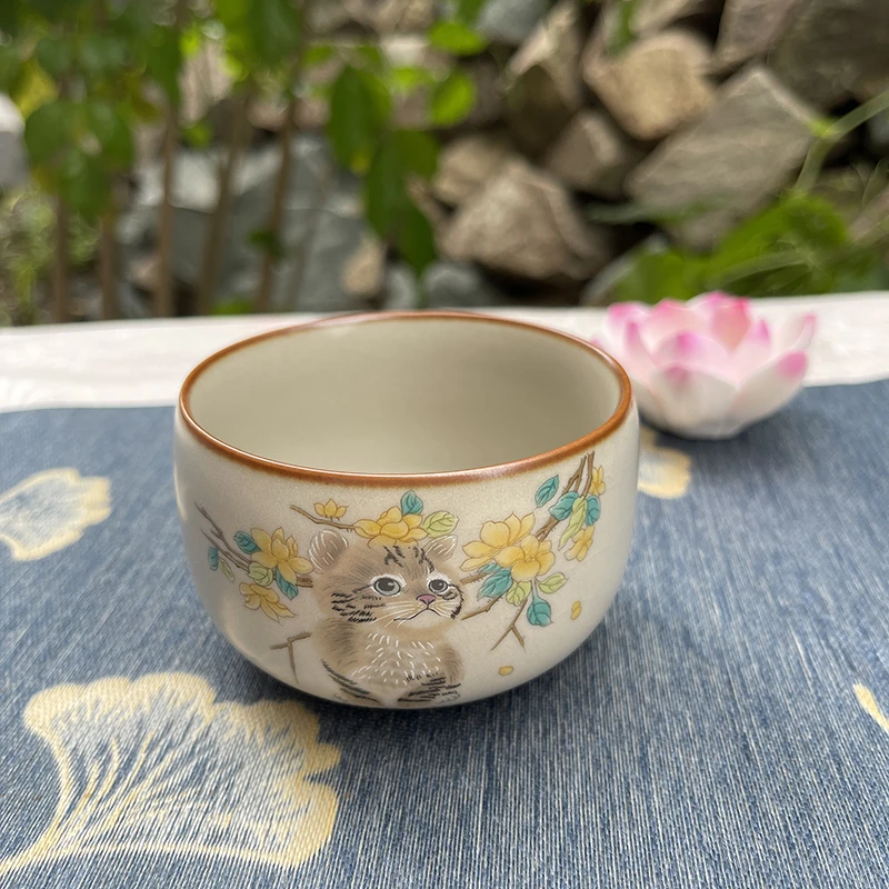古道源米黄猫咪主人杯 可养可开片汝窑海棠花大号杯
