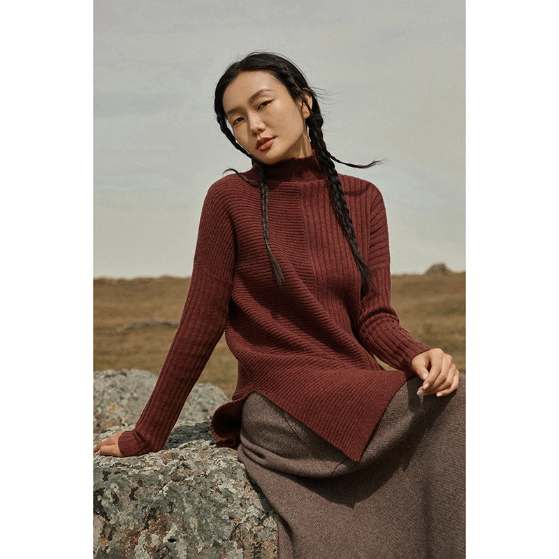 高领不对称提花拼接羊绒衫 宽松/针织简约风上衣长袖网红半高领