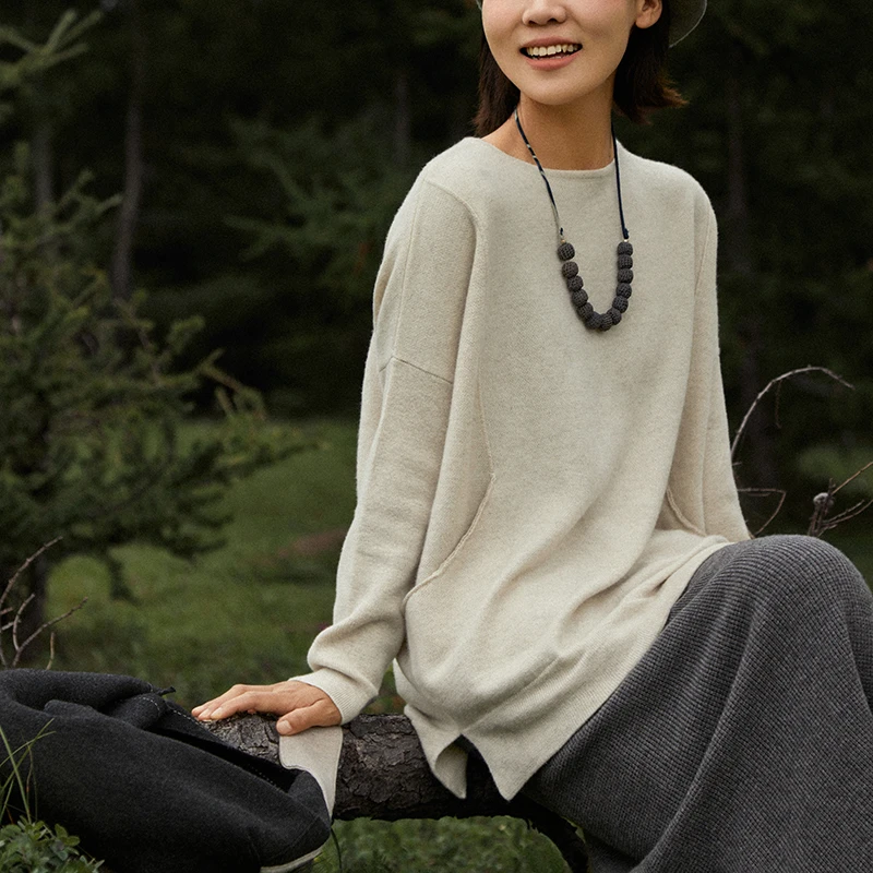 SayYa【幻】圆领落肩宽松显瘦慵懒风套头羊绒衫 长袖纯色简约/休闲