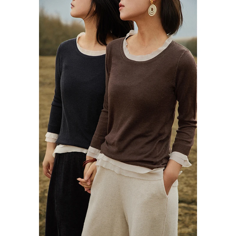 Say Ya【卓】檀香染 手工印彩真丝领精纺羊绒套头衫 宽松百搭休闲