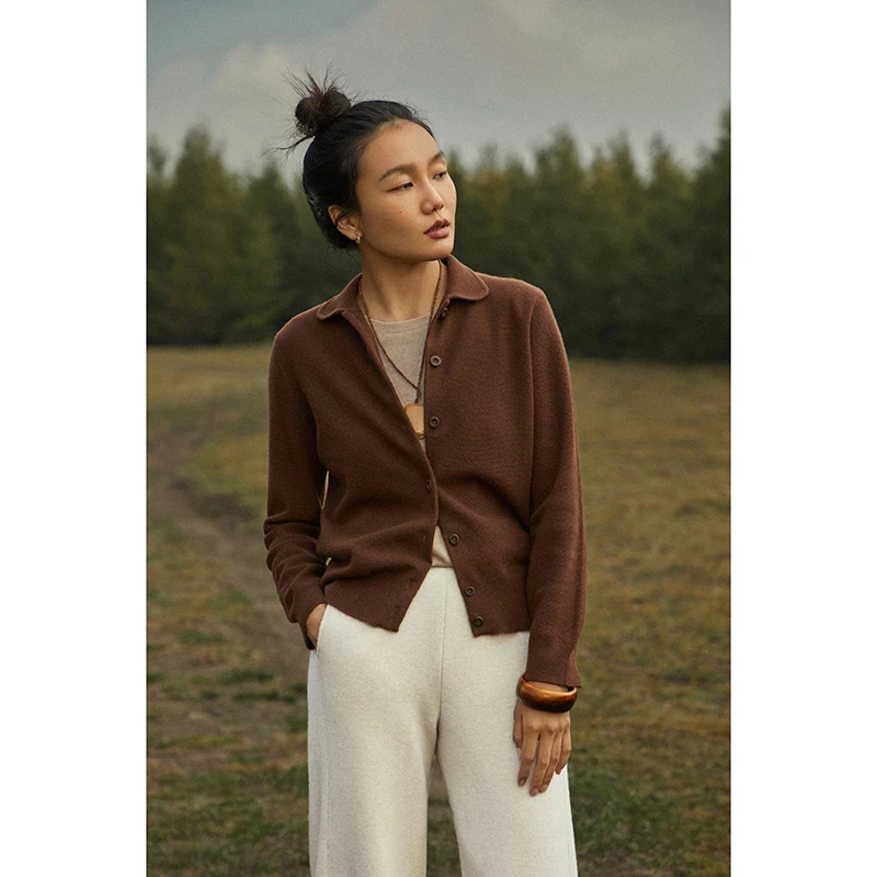 SayYa【幻】碎玉针简约小翻领系扣羊绒外套 短俏/显瘦休闲针织长袖
