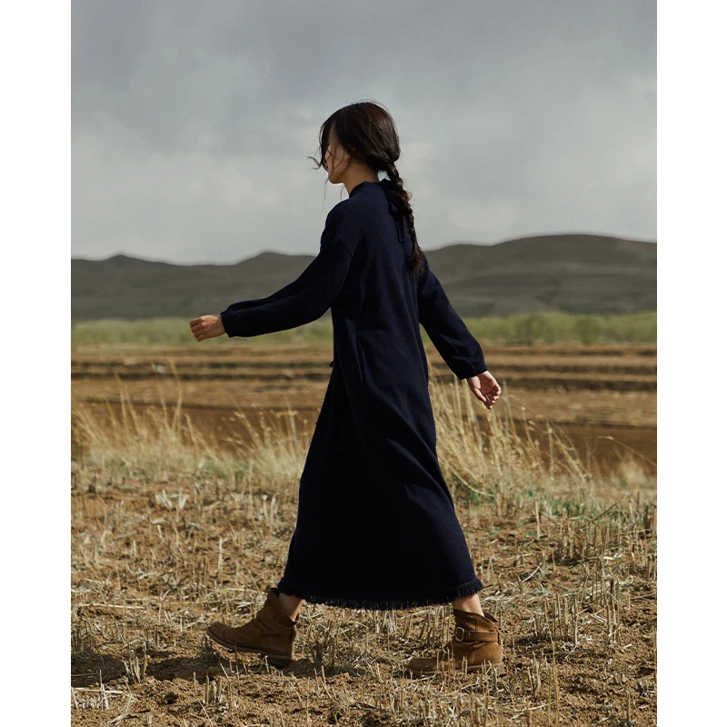 Say Ya【幻】加密小中领羊绒连衣长裙 流苏连衣裙宽松毛呢中式休闲