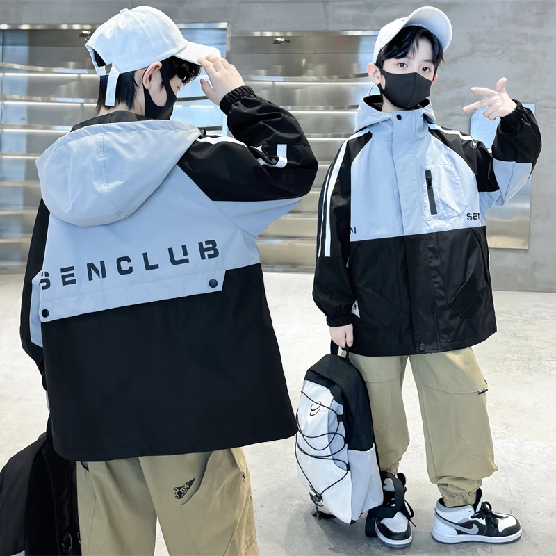 男童春秋款外套6-12岁潮款时尚男孩连帽中大童加绒韩版春秋款风衣