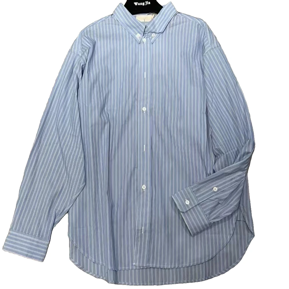 潮流女士家居夏季春夏长袖蓝色时尚休闲百搭春季宽松条纹大码开胸