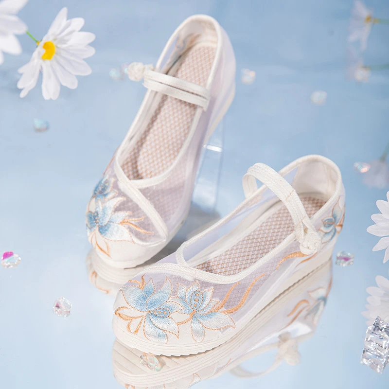 配汉服布鞋复古绣花鞋女新款镂空透气网纱鞋淡雅内增高夏季民族风