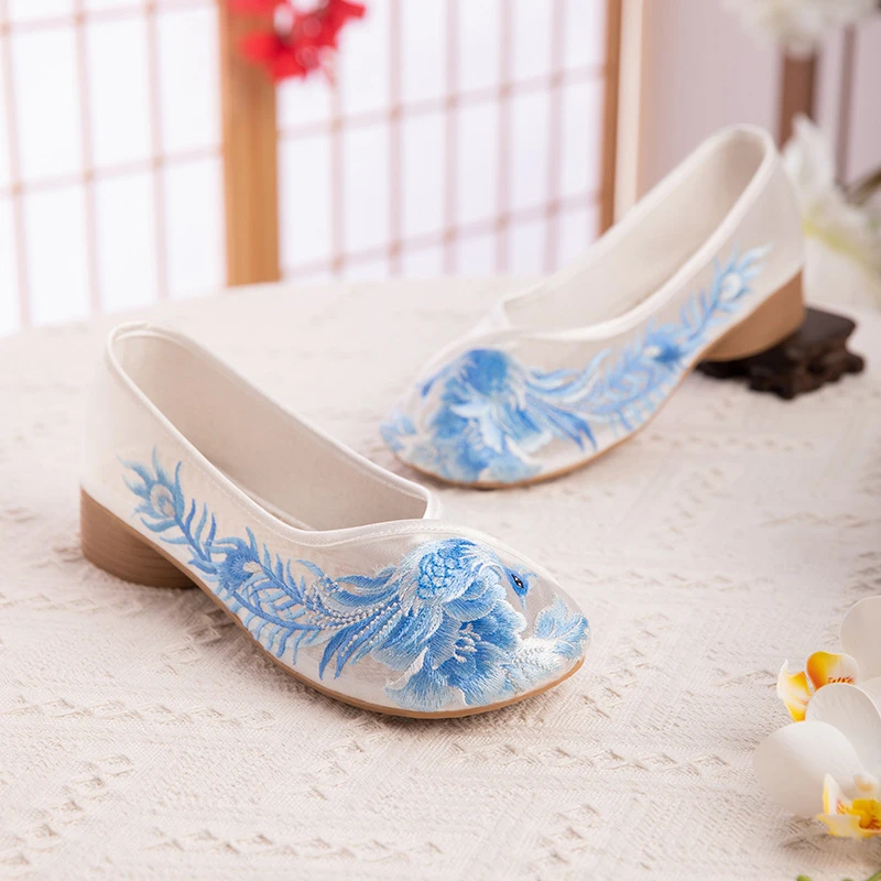 茶艺师新汉服鞋老北京布鞋复古粗跟网纱透气绣花鞋鞋古装鞋女时尚