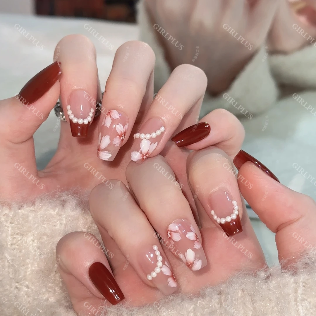 GIRLPLUS『朝露玫瑰』冬日复古气质手绘花纯手工穿戴甲酒红法式美甲