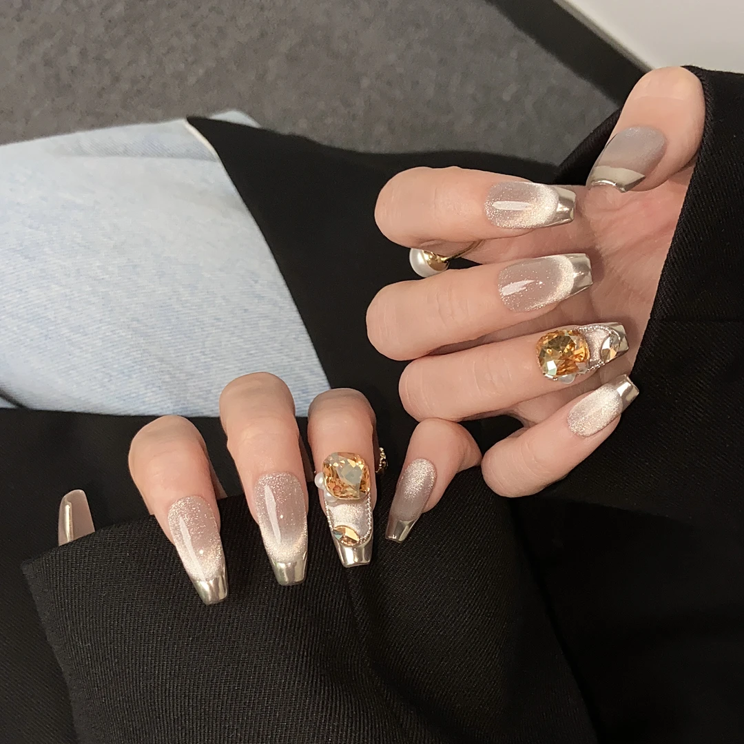 『梦巴黎』猫眼超闪法式银白钻饰纯欲风中长纯手工穿戴美甲贴片