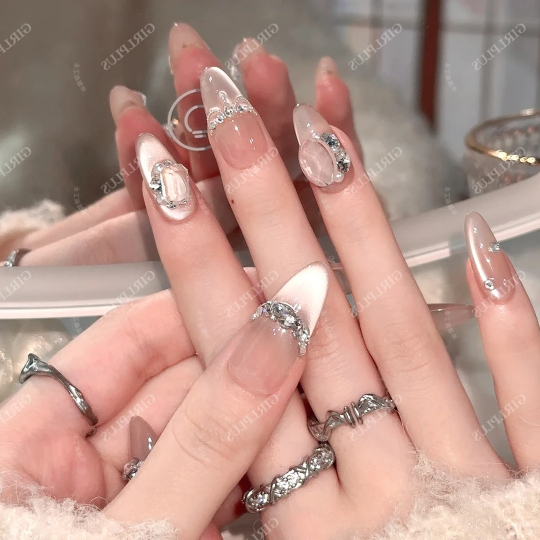 『梦核月瑶』j星夜法式碎钻粉白猫眼纯手工加长显白穿戴甲