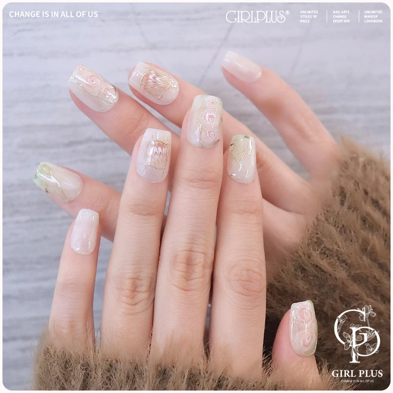 GIRLPLUS『温莎花园』精致手绘显白美甲贴片免烤纯手工穿戴甲裸色