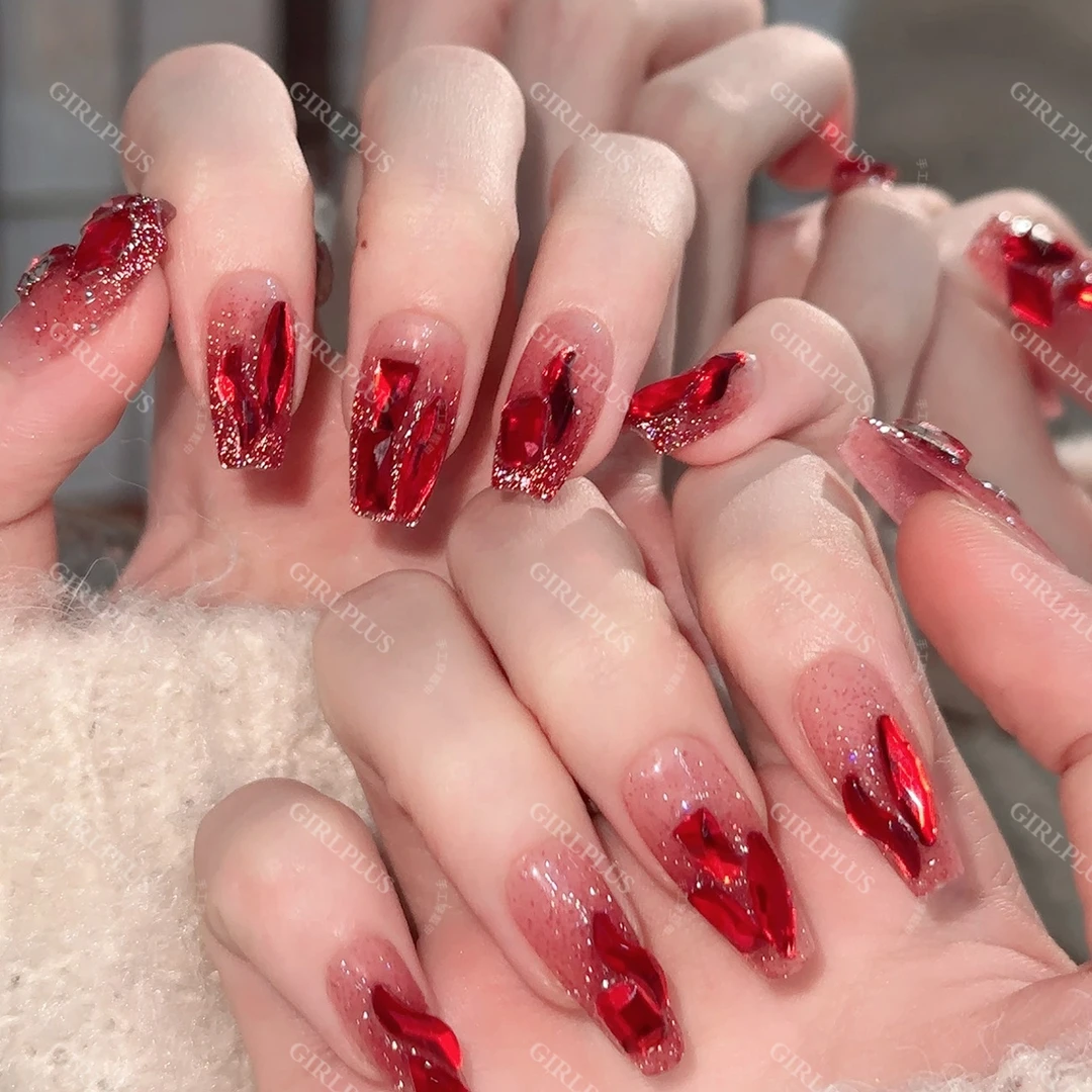 GIRLPLUS『红鸢宝石』新年过年款红色碎钻纯手工婚甲穿戴甲中长美甲