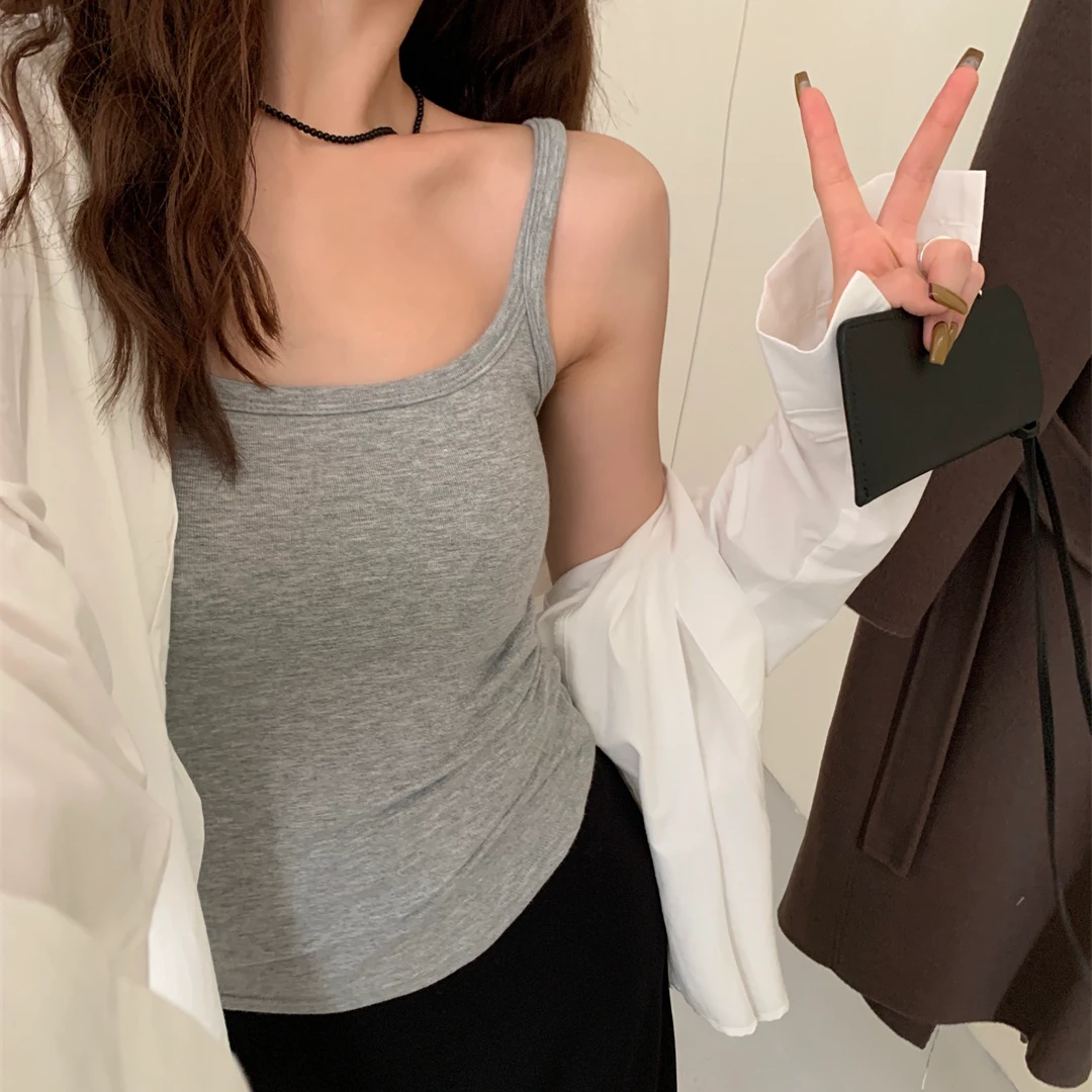 秋冬加绒磨毛保暖内搭吊带背心女带胸垫外穿下摆圆角休闲打底美背