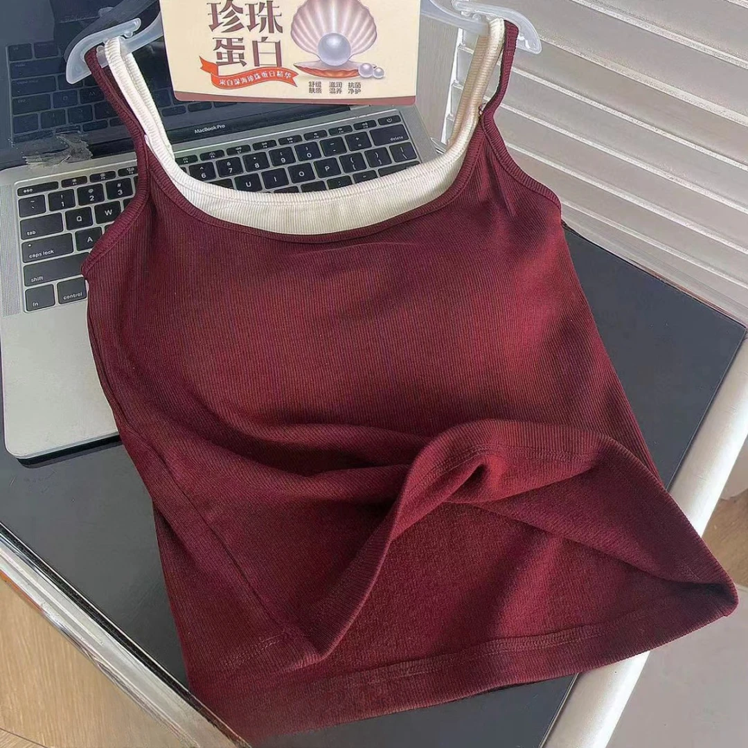 磨毛简约一体式假两件吊带背心修身显瘦美背内搭外穿日常百搭背心