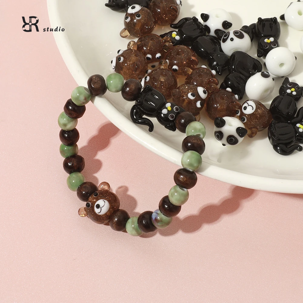 手工琉璃串珠diy复古小熊手链琉璃熊猫手链猫咪ins散珠配件