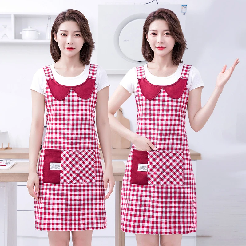 JIAQILI/佳绮利棉布时尚围裙厨房家用娃娃领拼接大口袋工作服批发