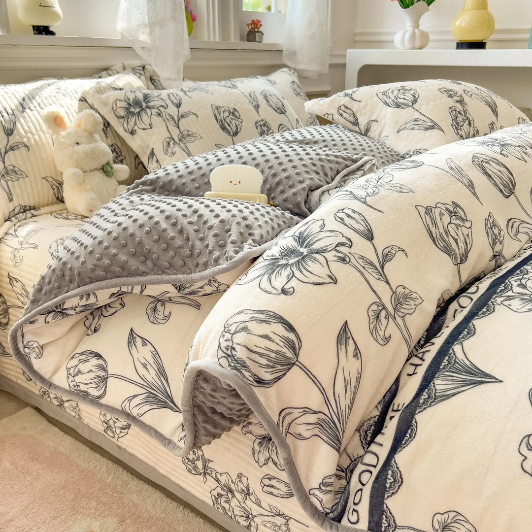 2024冬季小清新印花加厚单床盖保暖牛奶绒家用床盖三四件套双人用