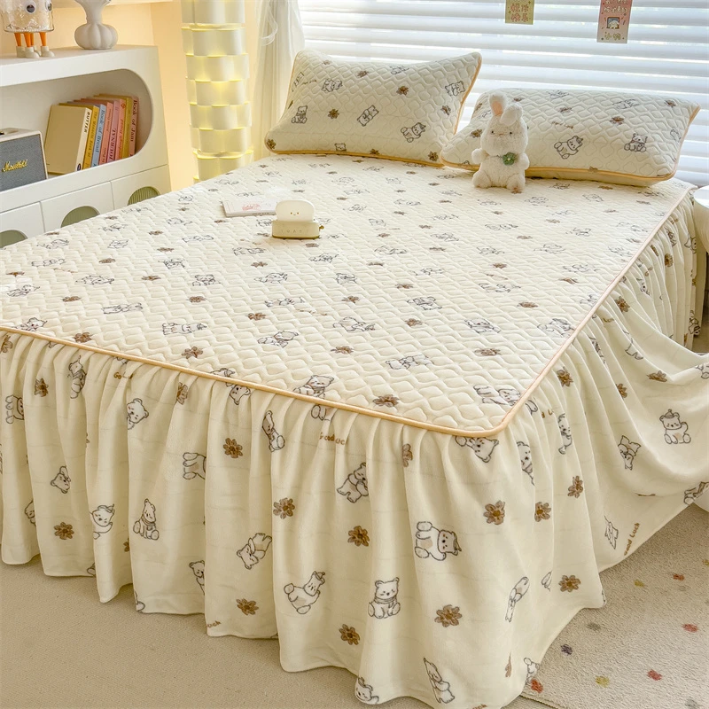 冬季床裙款加绒加厚牛奶绒单件床裙被套床单双面绒法莱绒加三件套