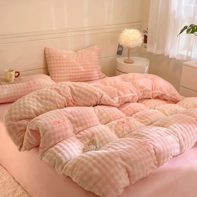 泡泡牛奶绒印花四件套冬季加厚三件套珊瑚绒单件被套单件绒床笠