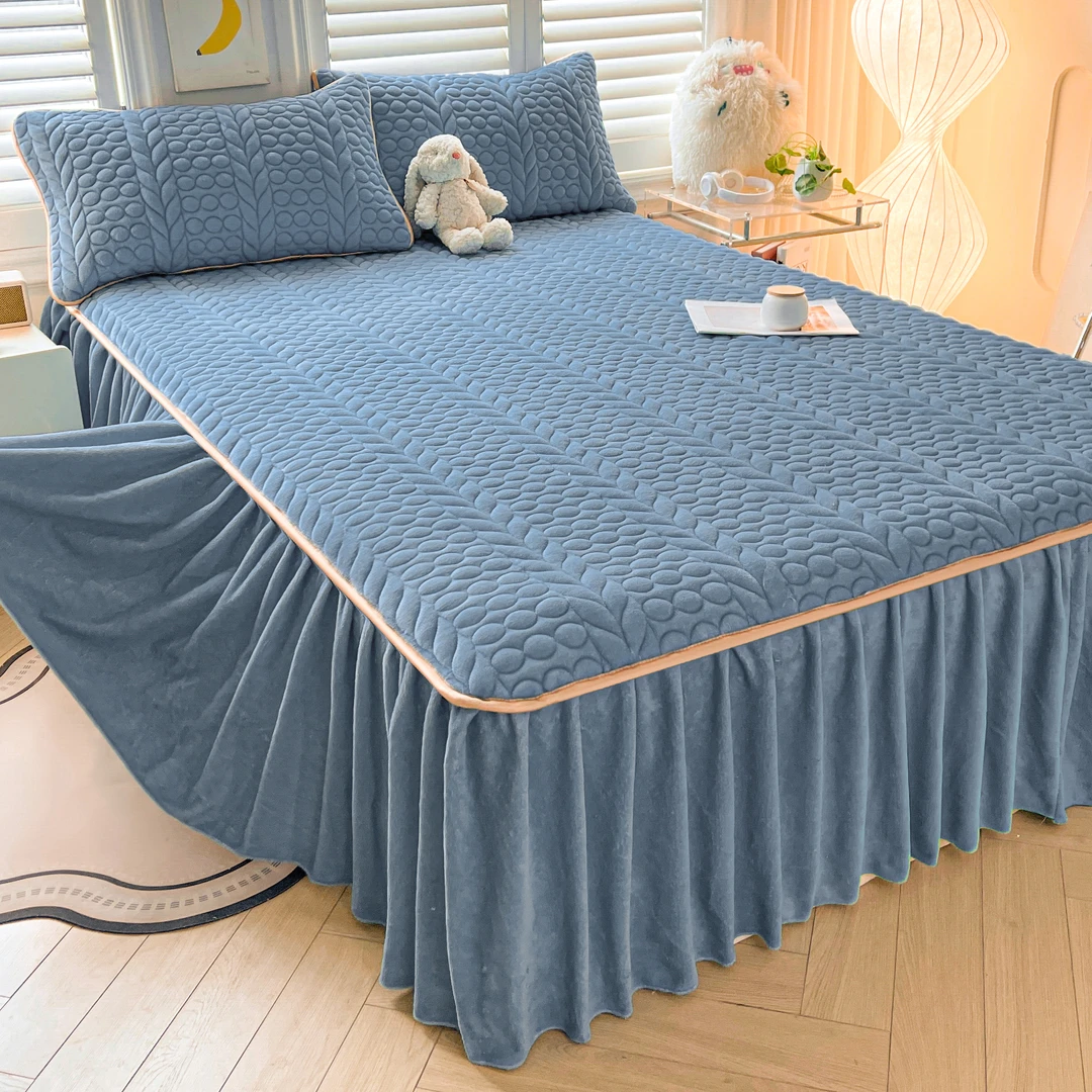 新款冬季床裙款加绒加厚牛奶绒单件床裙被套双面绒法莱绒三件套