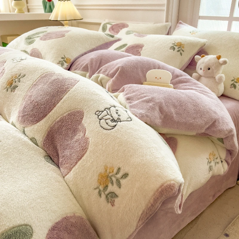 冬季保暖雪花绒四件套牛奶绒被套单件双面加绒加厚床上用品三件套
