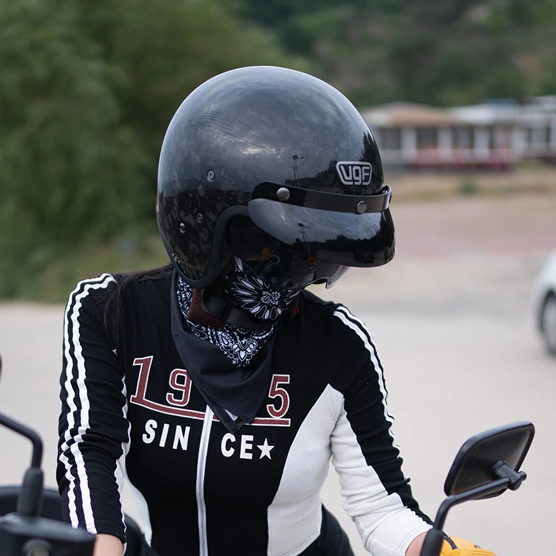 新3C认证复古骑行机车碳纤维防护防晒头盔透气加绒四分之三