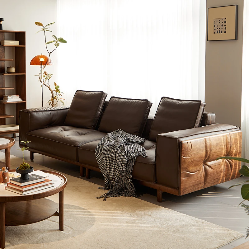 北美黑胡桃木全牛皮实木直排四人客厅沙发组合别墅样板房简约沙发