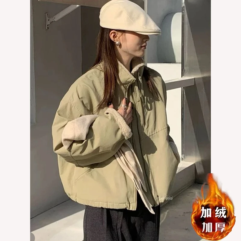 2025仿羊羔毛短款双链接派克服女韩版休闲宽松棉服外套
