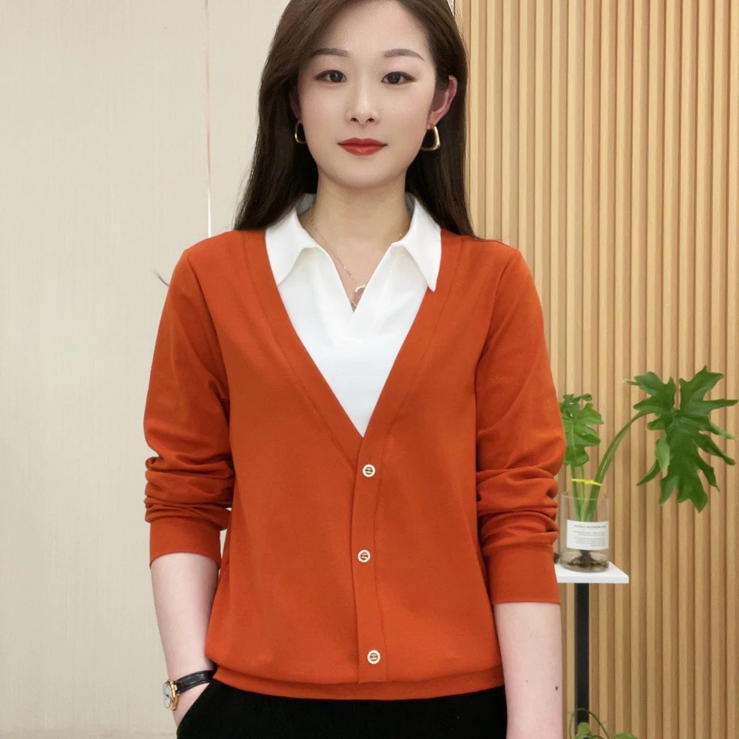 秋季【长袖】洋气针织时尚百搭休闲女士假两件上衣翻领气质显瘦 868