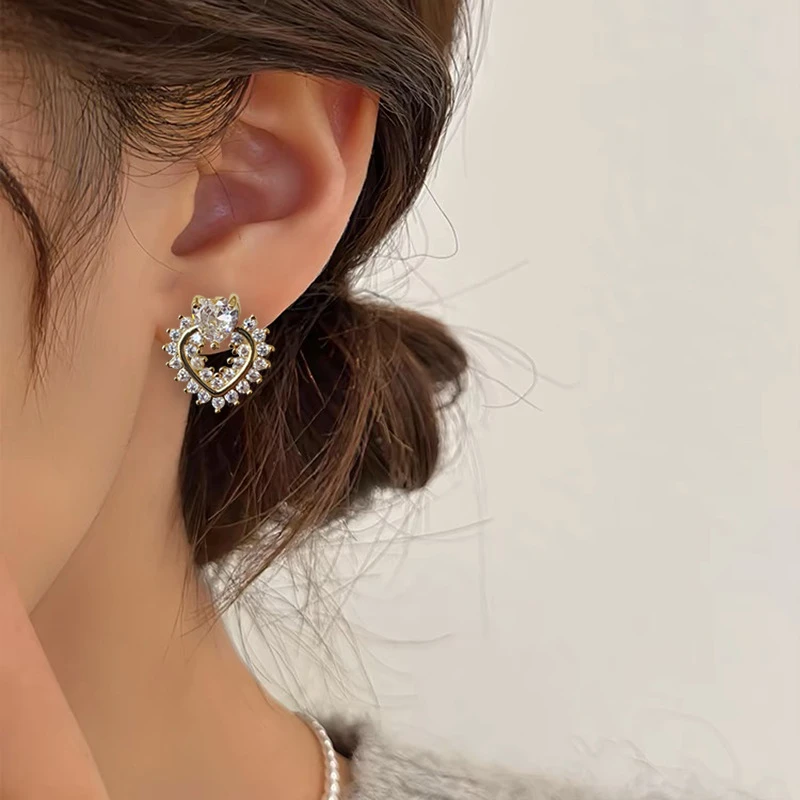 铜合金耳饰 双爱心微镶锆石形耳夹无耳洞高级气质时尚百搭耳夹