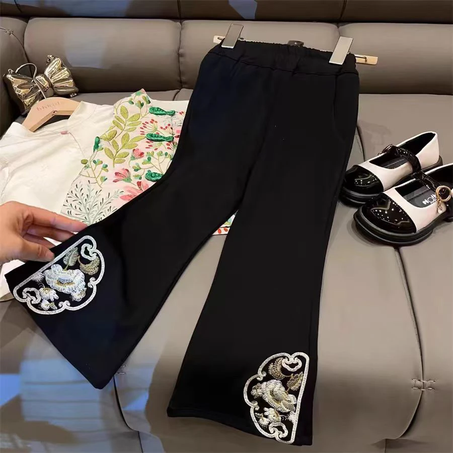 女童国风直筒微喇裤2025春夏季新款国潮儿童新中式裤子(无口袋)