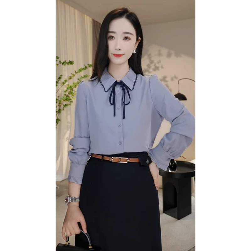 【曼贝】春季衬衫女设计感蓝紫色职业上衣大码衬衫女8293096【珮珮】