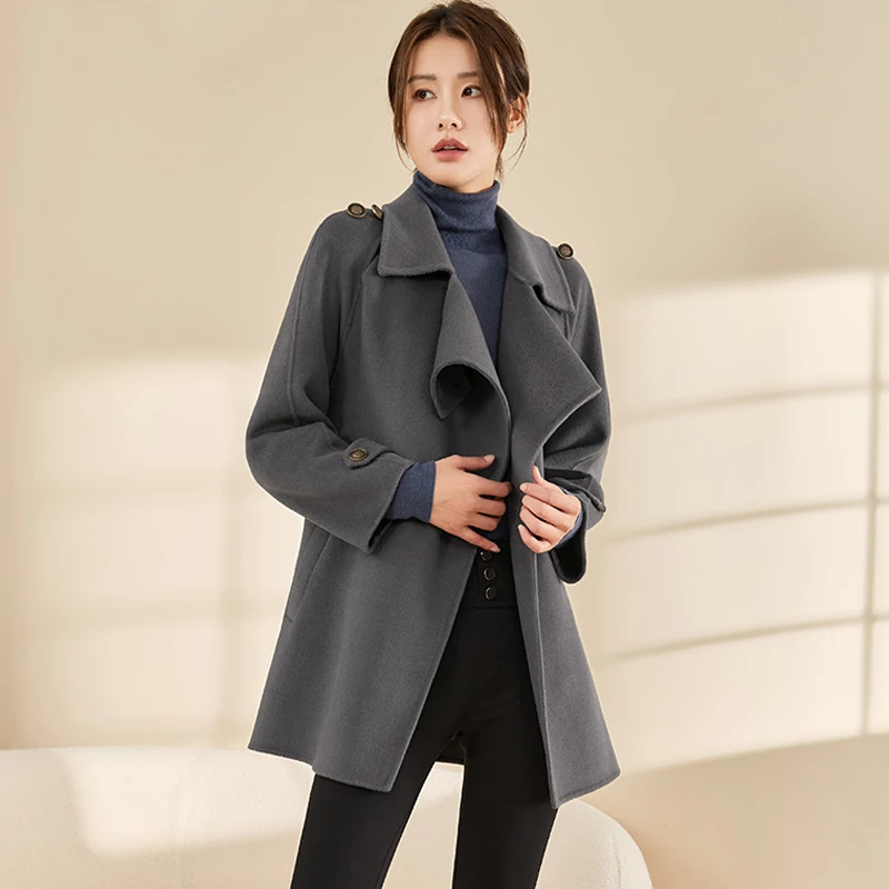 【曼贝】贝8284007双面毛呢大衣女中长款2024新款高级感毛呢外套