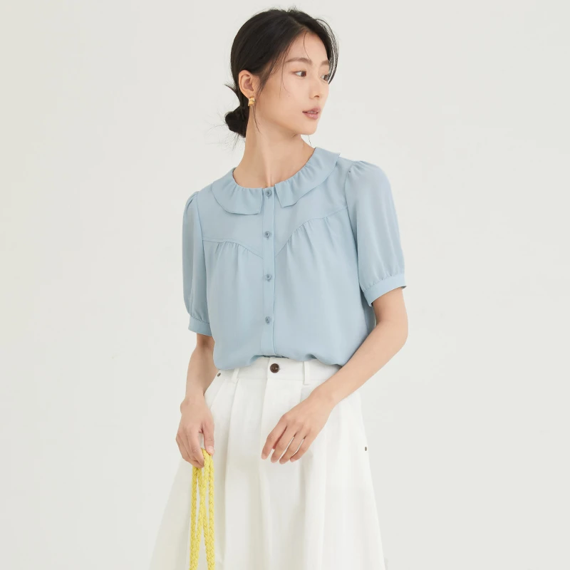 【曼贝】短袖衬衫女2025夏季新款上衣高端短袖8492019蓝绿色【珮珮】