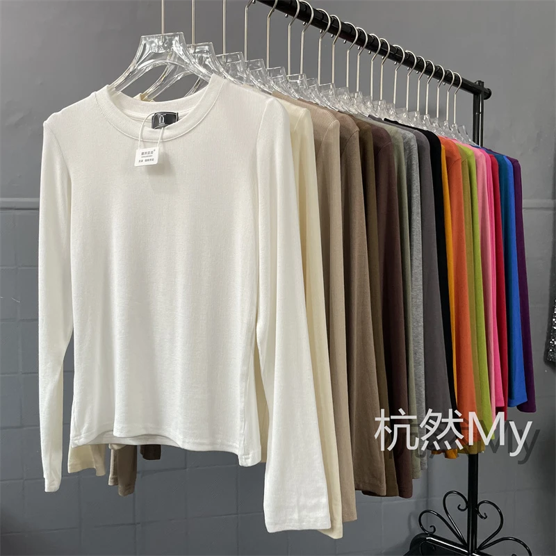 秋冬磨毛加厚正肩长打底衫女新款修身长袖t恤百搭保暖圆领上衣