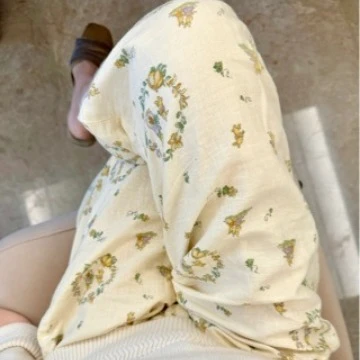 春季新品全棉双层纱布可爱花环兔棉纱睡裤宽松长裤夏季裤子薄款