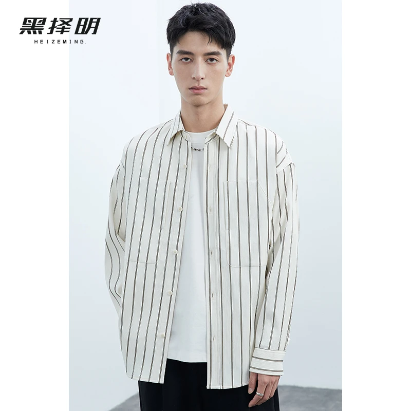 黑择明男士23秋季新款时尚复古港风休闲潮流条纹长袖衬衫HNA14321