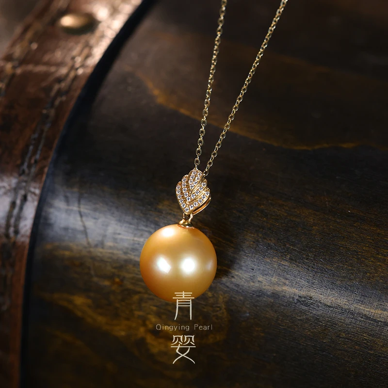 天然海水南洋金珠吊坠14-15mm不含链18K金羽毛心形项链多样性发一