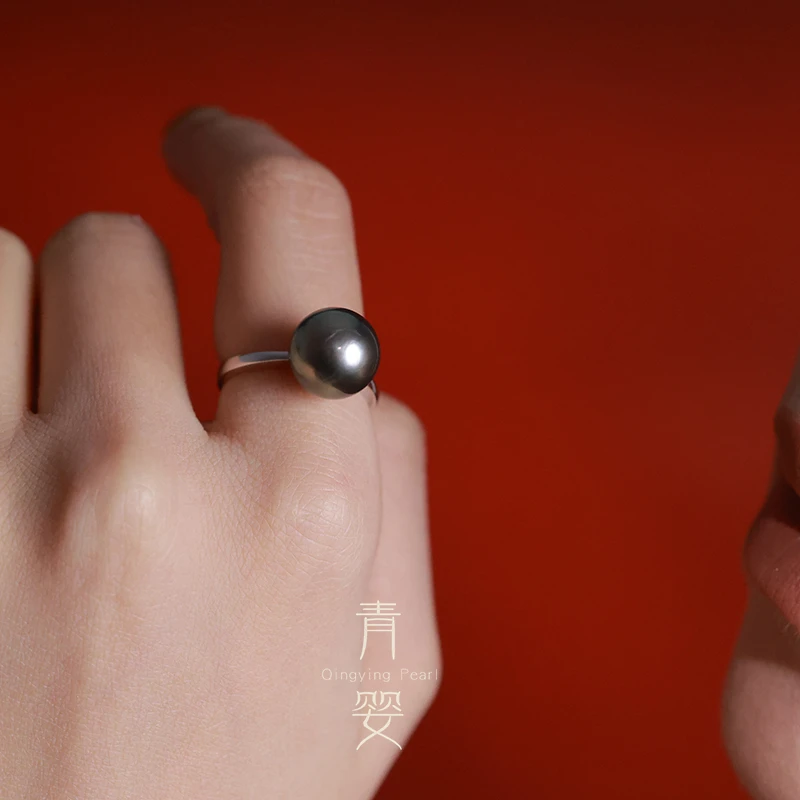 海水珠大溪地黑珍珠戒指11-12mm18K金铂金灰戒指经典多样性发一个