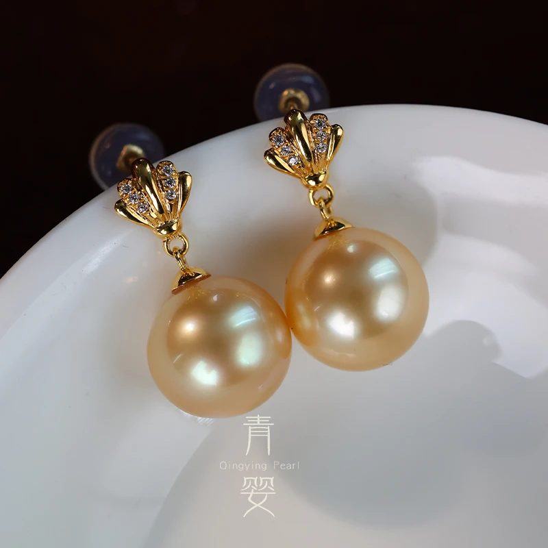 海水南洋金珍珠耳环10-11mm强光18k金镶嵌羽毛耳钉女多样性发一对