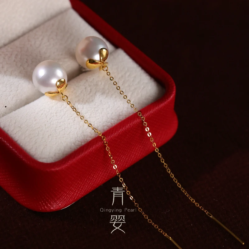 南洋澳白珍珠长款耳线9-10mm近圆强光18k金耳环经典多样性发一对