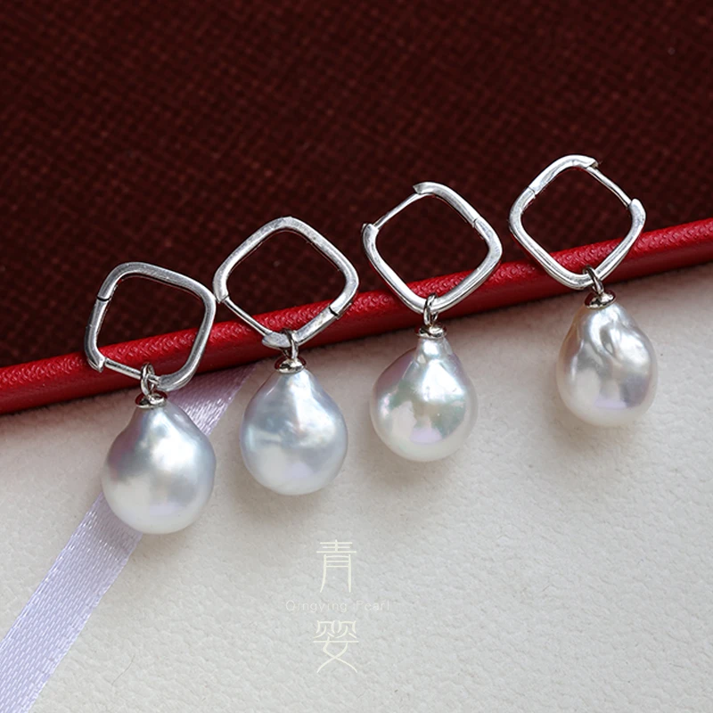 天然海水南洋白珠925银澳白巴洛克耳环12-13mm时尚女多样性发一对