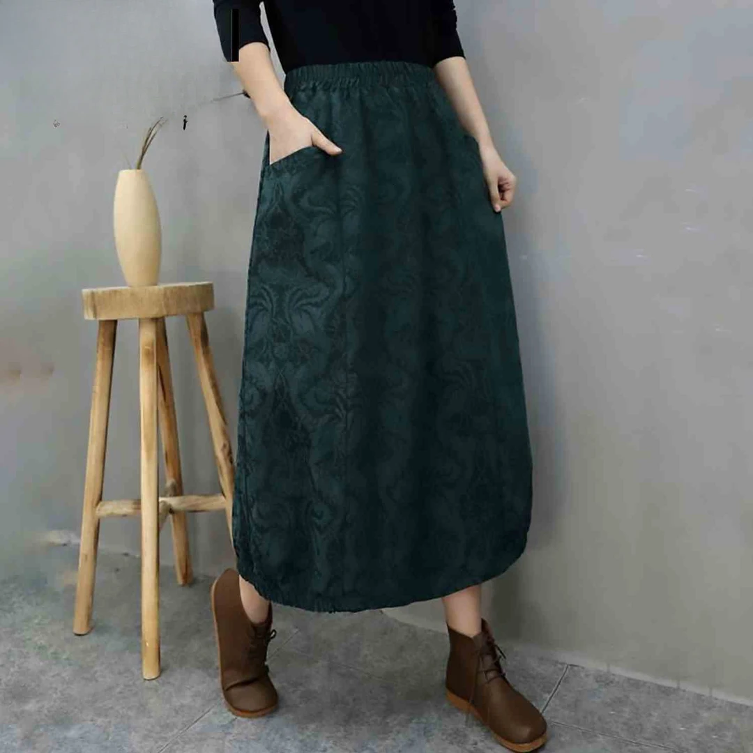 棉麻半身裙女2025新款春秋季提花花苞裙女复古文艺范高腰半身长裙